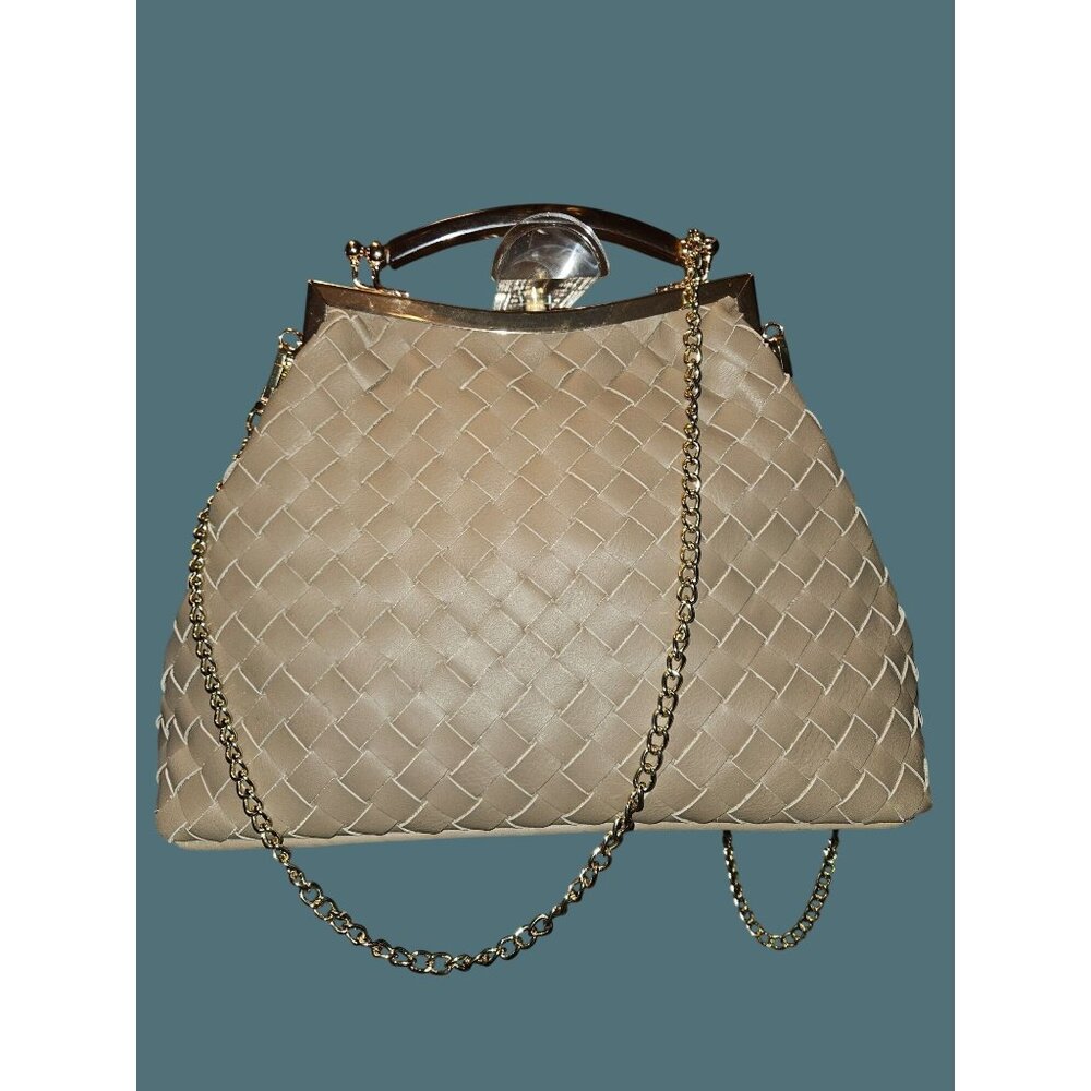 Stella Bianca Basketweave Leather Kiss Lock Top Handle Crossbody Gold Chain Bag